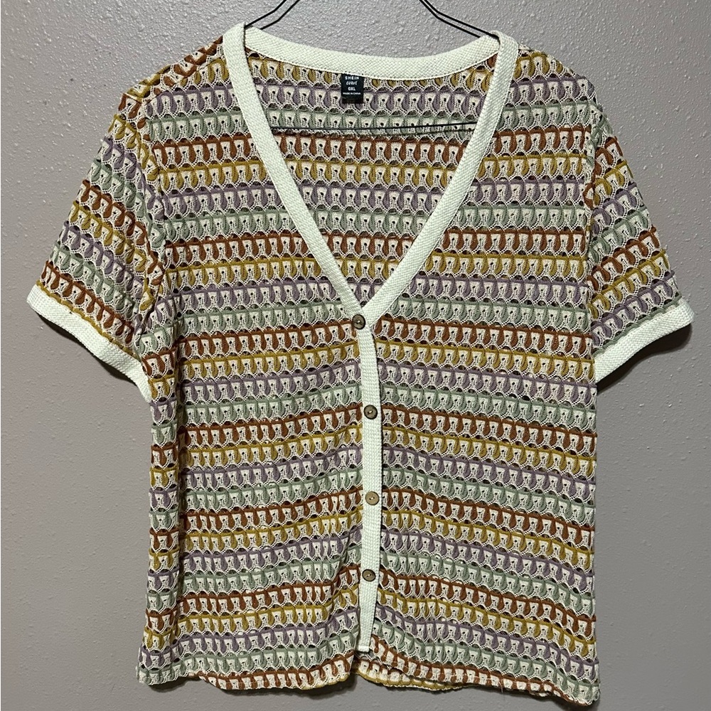 SHEIN Curvy colorful Striped/button- down  knitted top. Sz 0XL